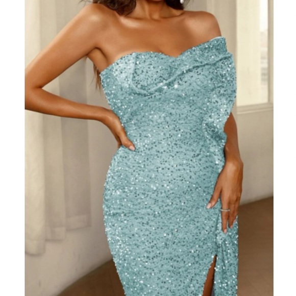 Luxe mint blue one shoulder slit thigh detail party formal maxi dress - Picture 9 of 9